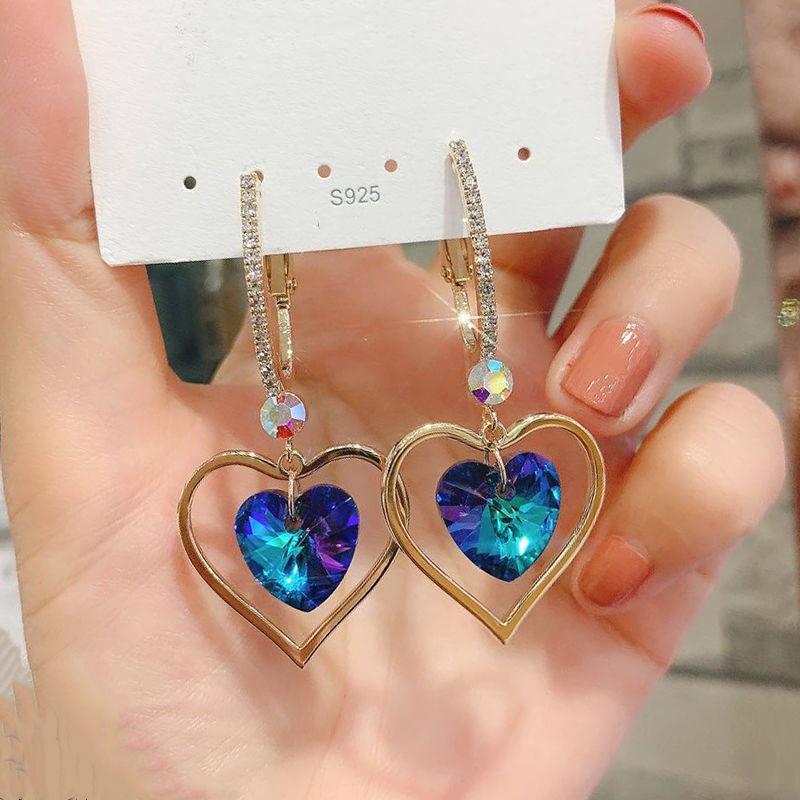 Heart of the ocean love earrings female heart 925 silver needle long 2021 new fashion South Korean temperament network red earrings