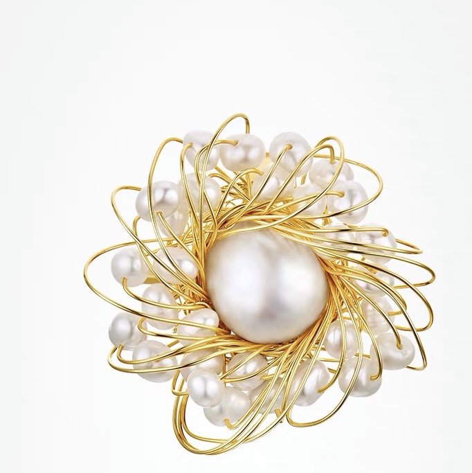Gold silk flower brooch