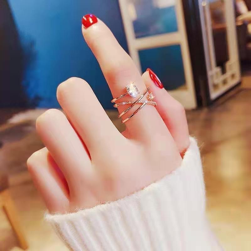 蛋形锆石交叉戒指女网红食指开口戒女时尚个性指环潮人尾戒Ins