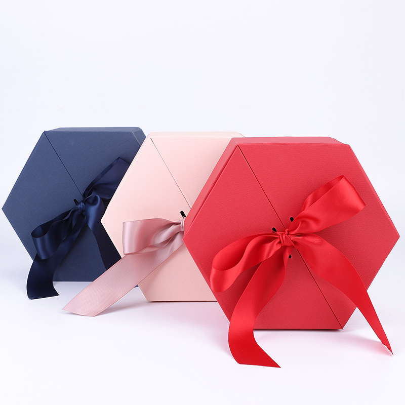 Red hexagonal gift box, gift box, souvenir box full figure