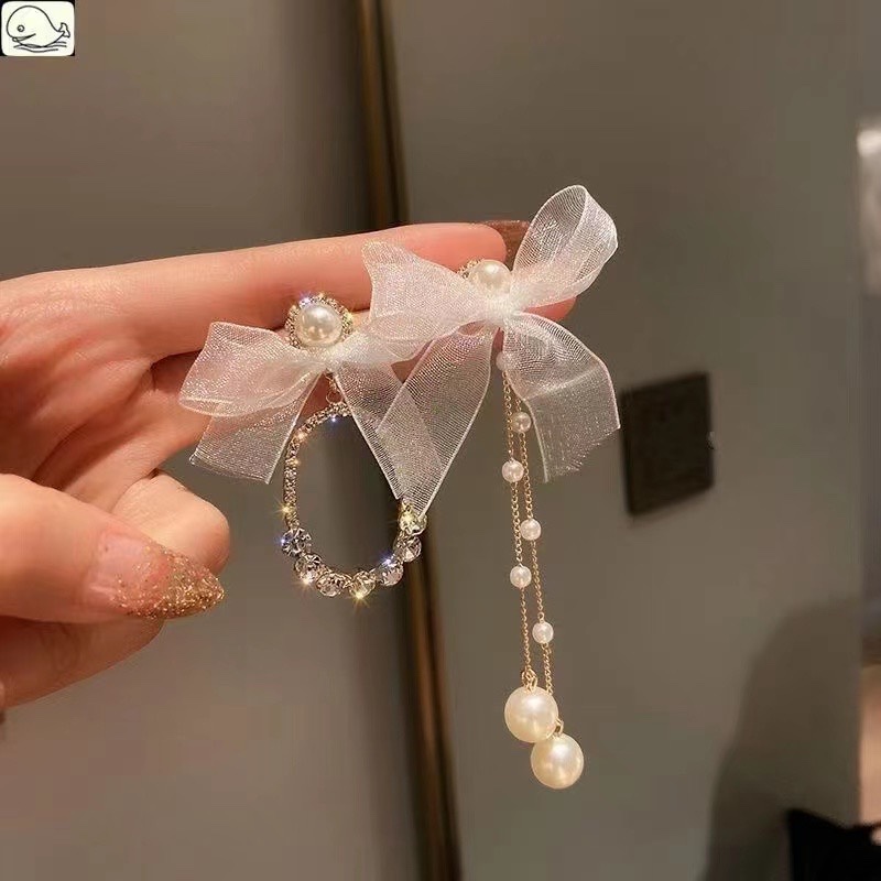 Pearl bow Silver Needle earrings, 2021 new trendy girls' stud earrings, elegant earrings, ethereal bow tassel earrings