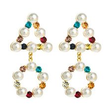 欧美夸张耳环女时尚多层合金镶彩色水钻大珍珠几何形创意长款耳饰