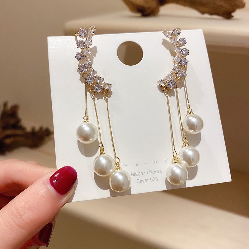 New fashion design Zircon earrings for women Light luxury fashion ear clip net red temperament earrings stud fringe long pearl earrings thumbnail