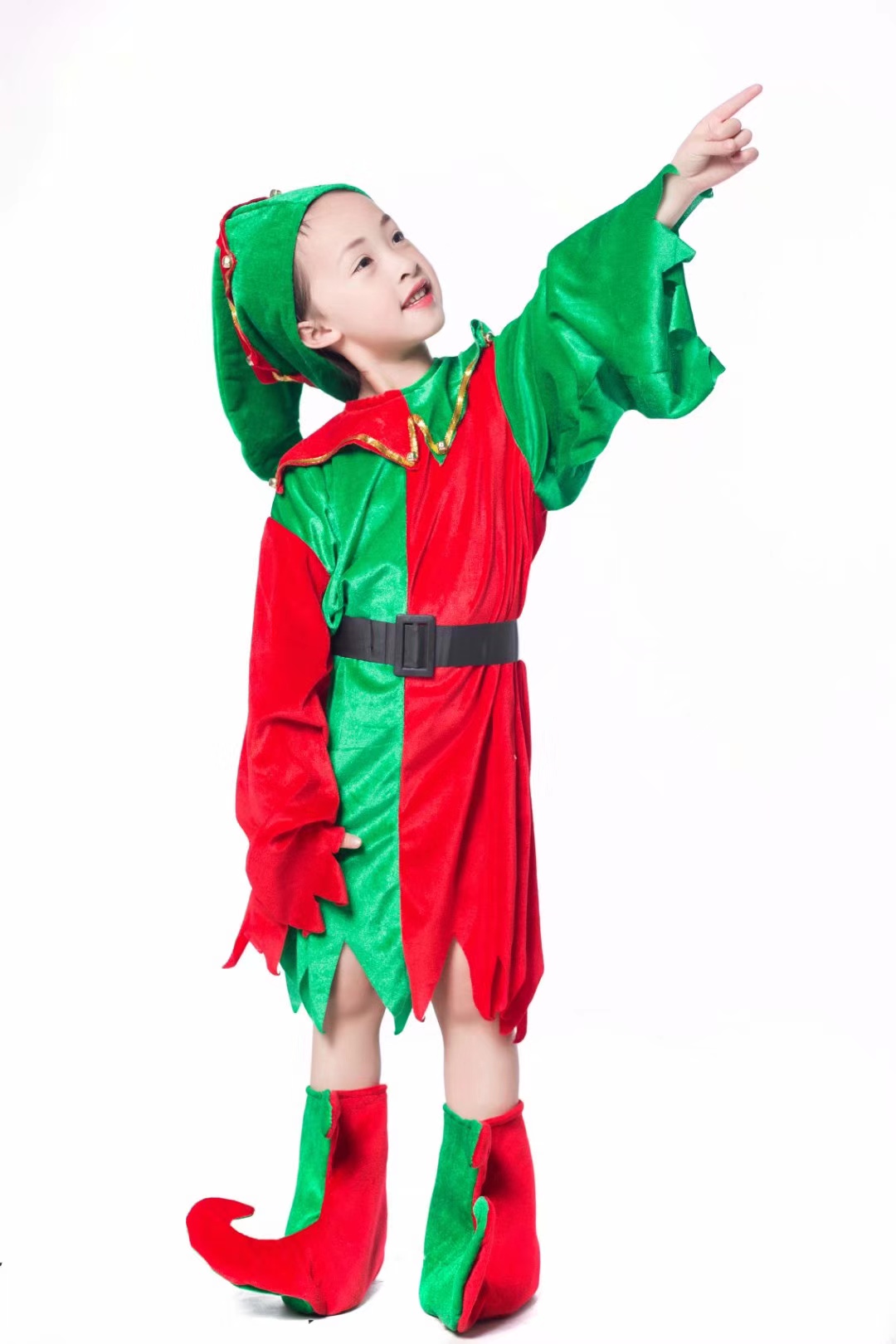 圣诞精灵儿童女孩裙。套装精灵女郎裙帽子裙子腰带鞋子圣诞装扮详情图2