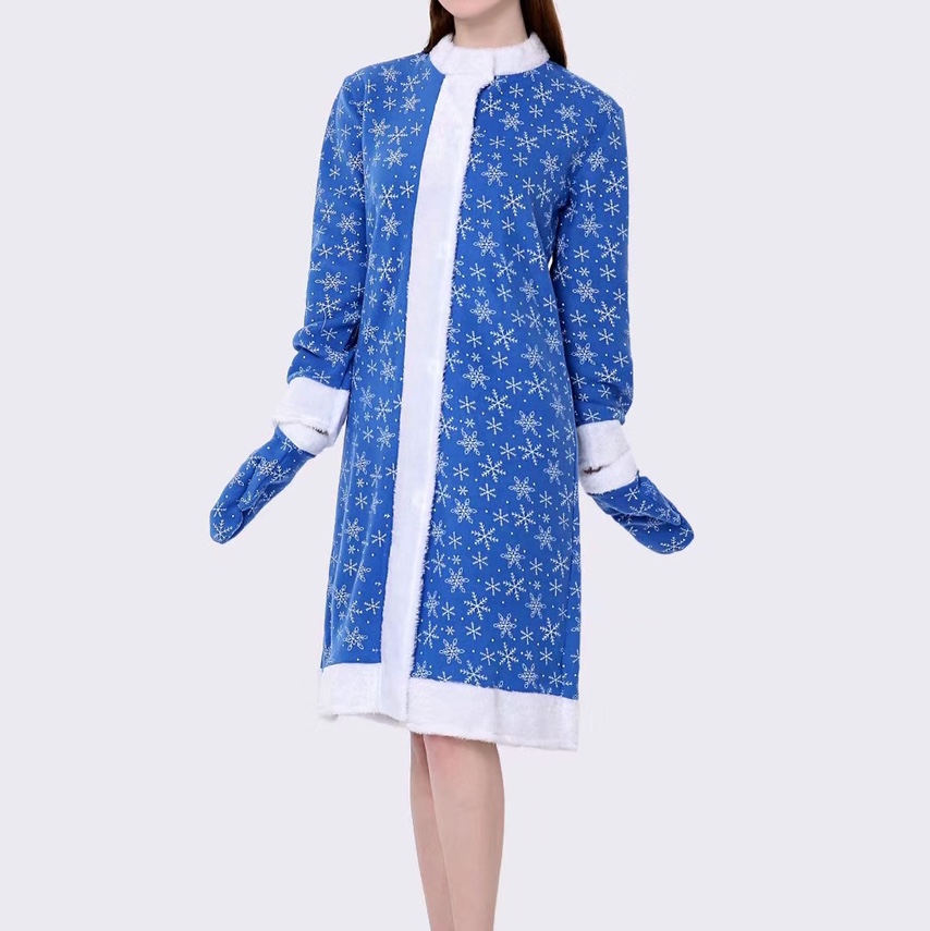 圣诞女郎套装长袖套装蓝色印花手套圣诞女风衣手套帽子衣服
