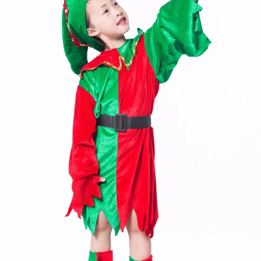 圣诞精灵儿童女孩裙。套装精灵女郎裙帽子裙子腰带鞋子圣诞装扮