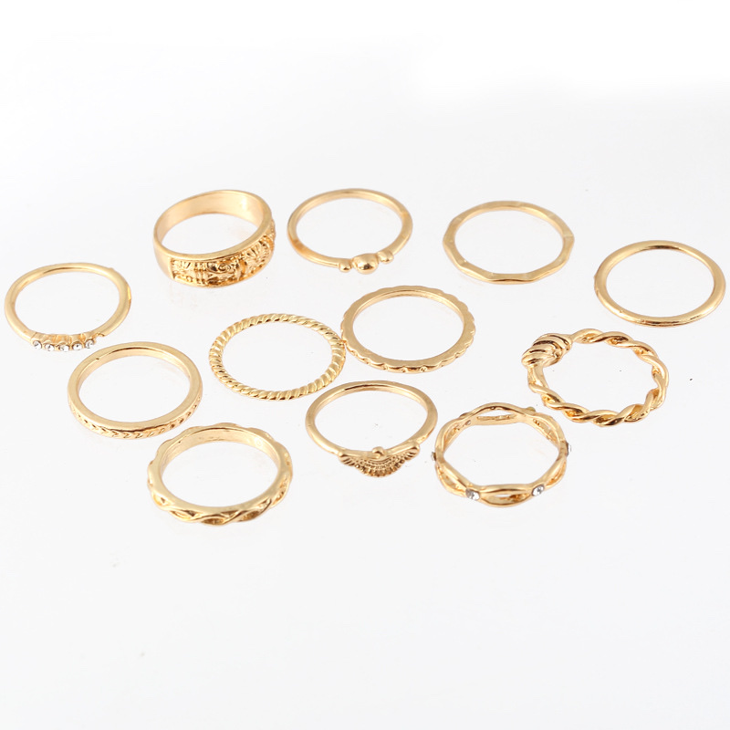 关节戒指套装复古镶钻戒指 十二个组合缠绕打结雕花12件套装戒指 产品图