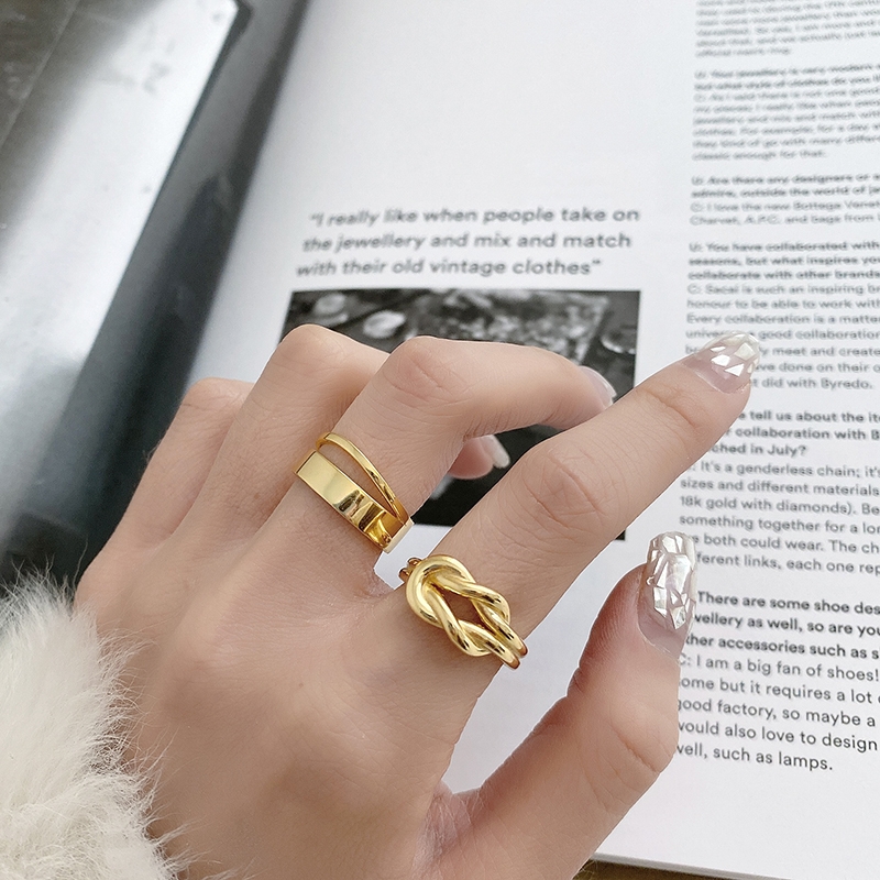 Women's smooth double-layer line open ring, gold knot silver ring, index finger ring