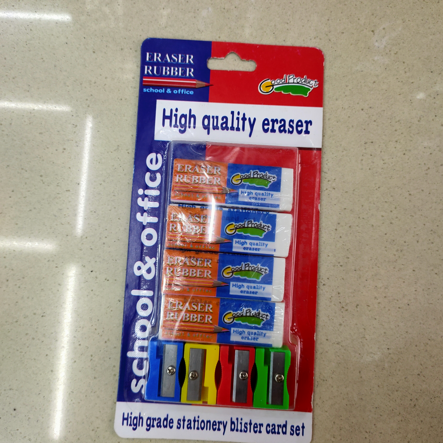 8PC eraser with pencil sharpener card
