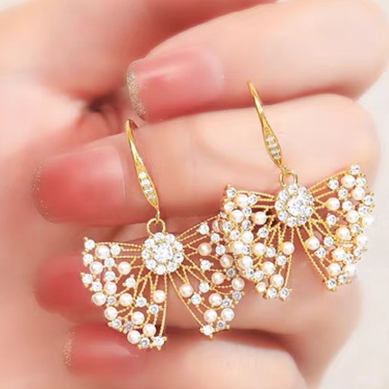 Fish-ear hook bead zircon bow earrings