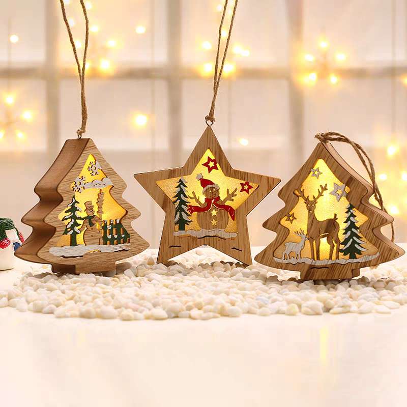 圣诞装饰品木制圣诞镂空圣诞树小挂件木质五角星铃铛挂件礼品34产品图