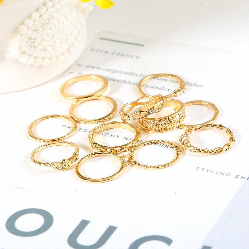 关节戒指套装复古镶钻戒指 十二个组合缠绕打结雕花12件套装戒指 白底实物图