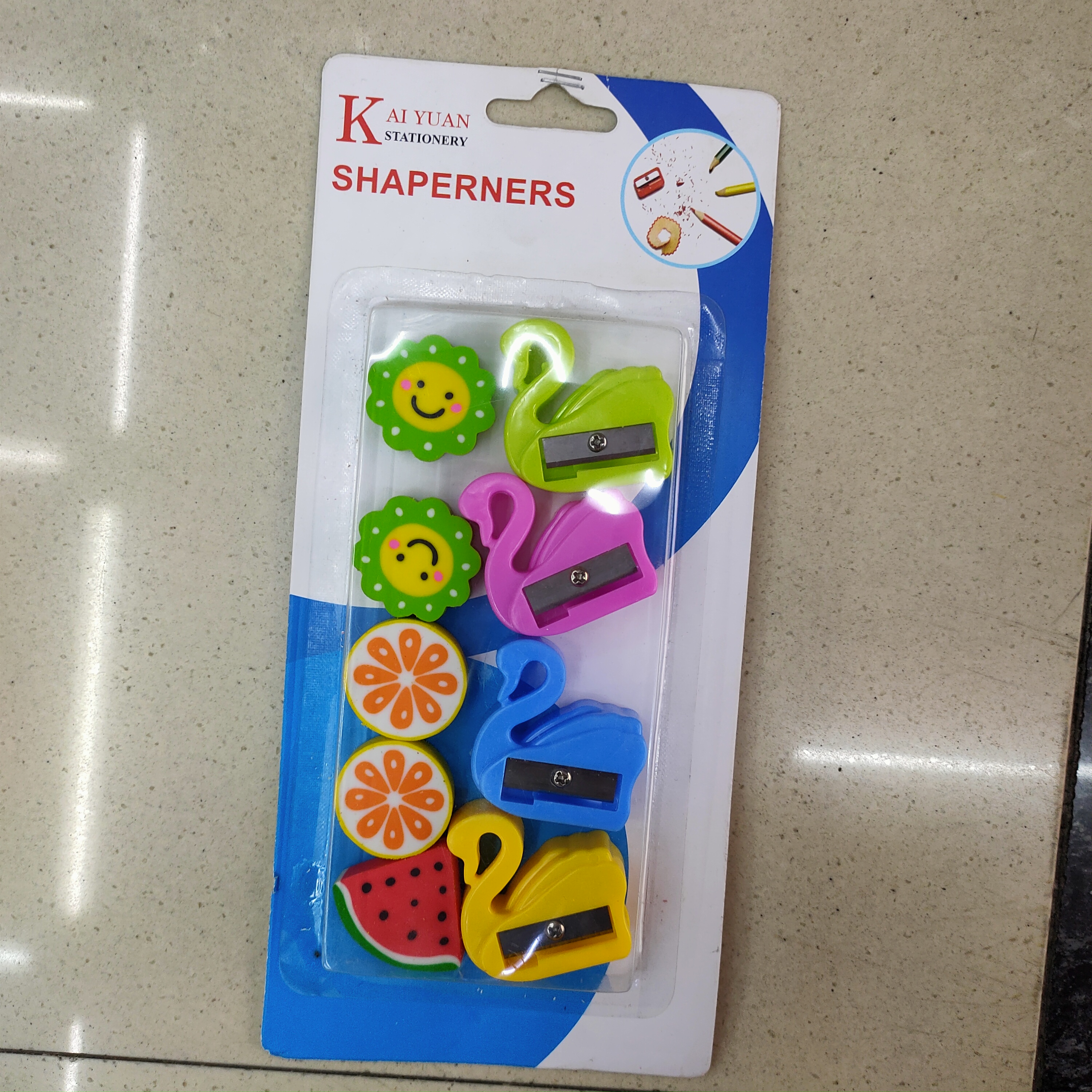4 fruit erasers + pencil sharpener suction cards