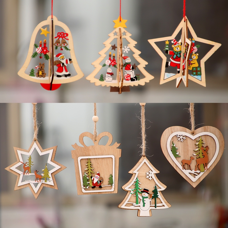 圣诞装饰品木制圣诞镂空圣诞树小挂件木质五角星铃铛挂件礼品图