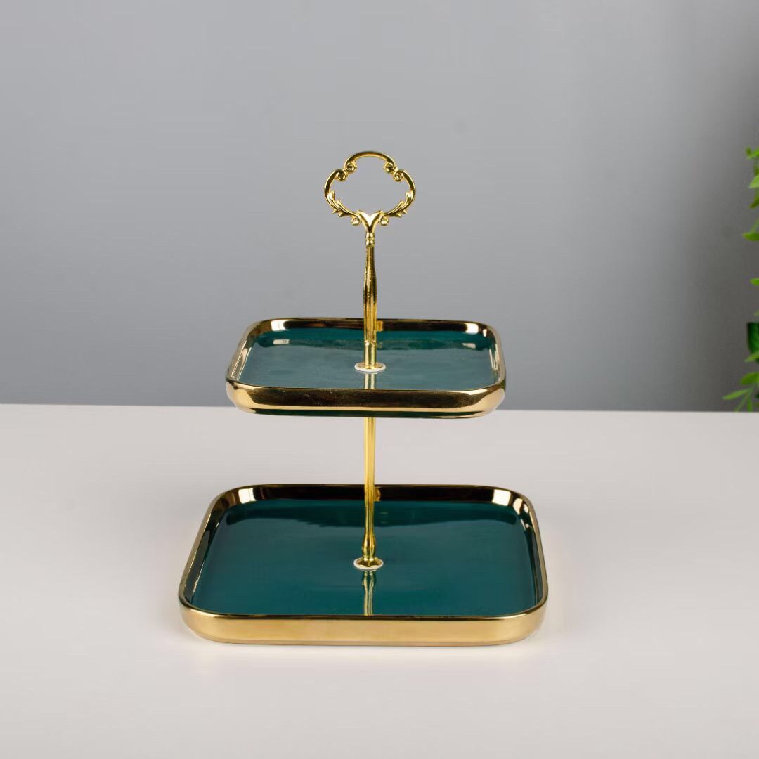 居家网红水果两层盘，北欧风格，网红产品，绿色金边，高贵象征