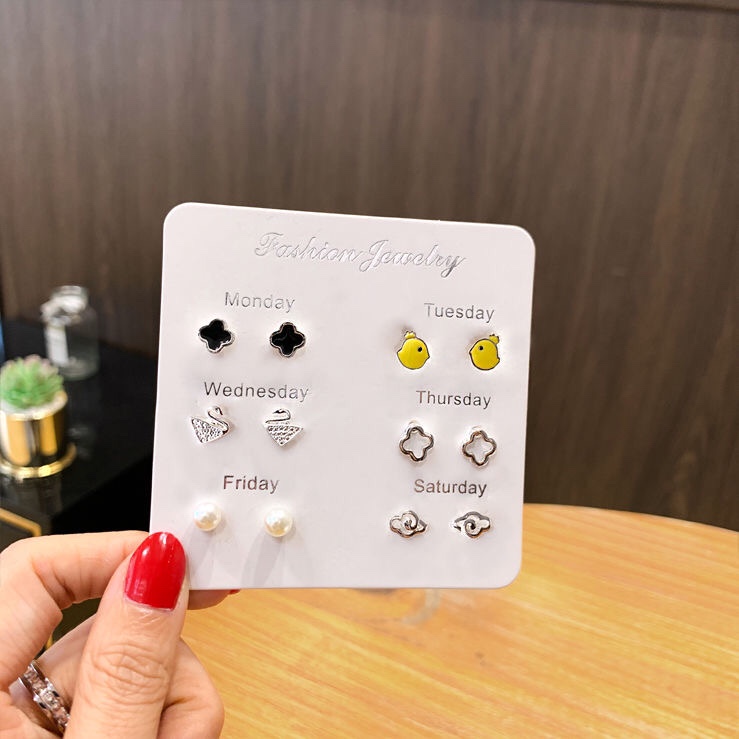 [6 pairs] One week stud earrings Simple small earrings for women 2021 new fashion Korean temperament earrings set 9