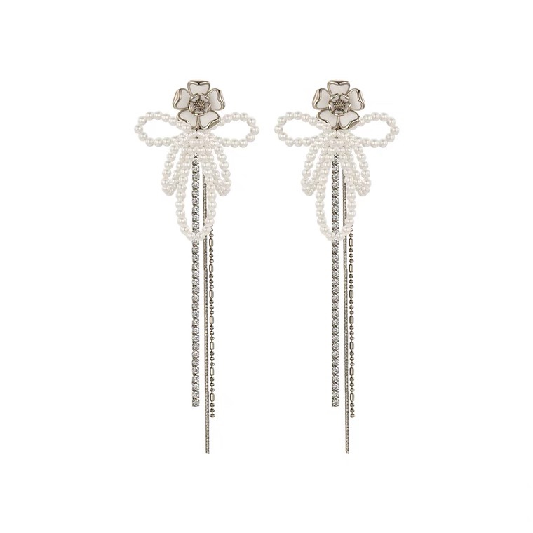 Rice bead bow hanging fringe long earrings
