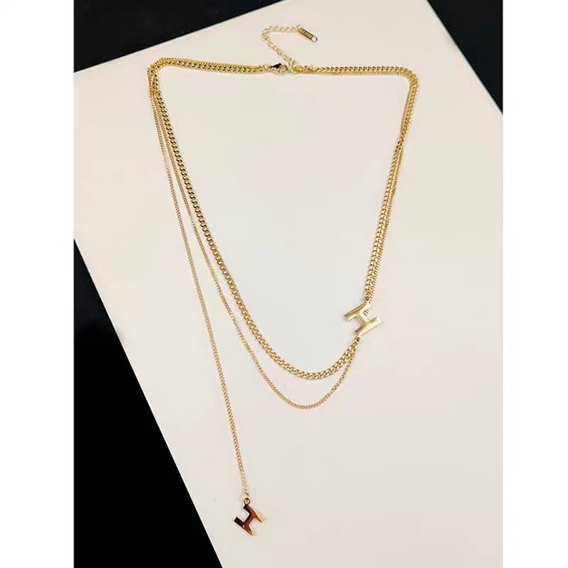 Korean female Internet celebrity's double-layered necklace, retro collarbone sweater chain, trendy and simple 3 details Picture