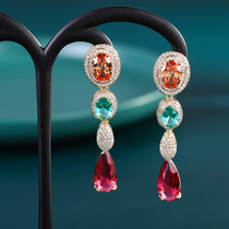 2021 gemstone luxury geometric red full zircon gold women's long S925 silver earrings