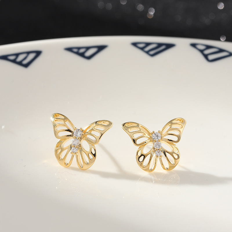 925 Silver needle butterfly earrings women small simple hollow diamond design sense earrings Small earrings tidal earrings