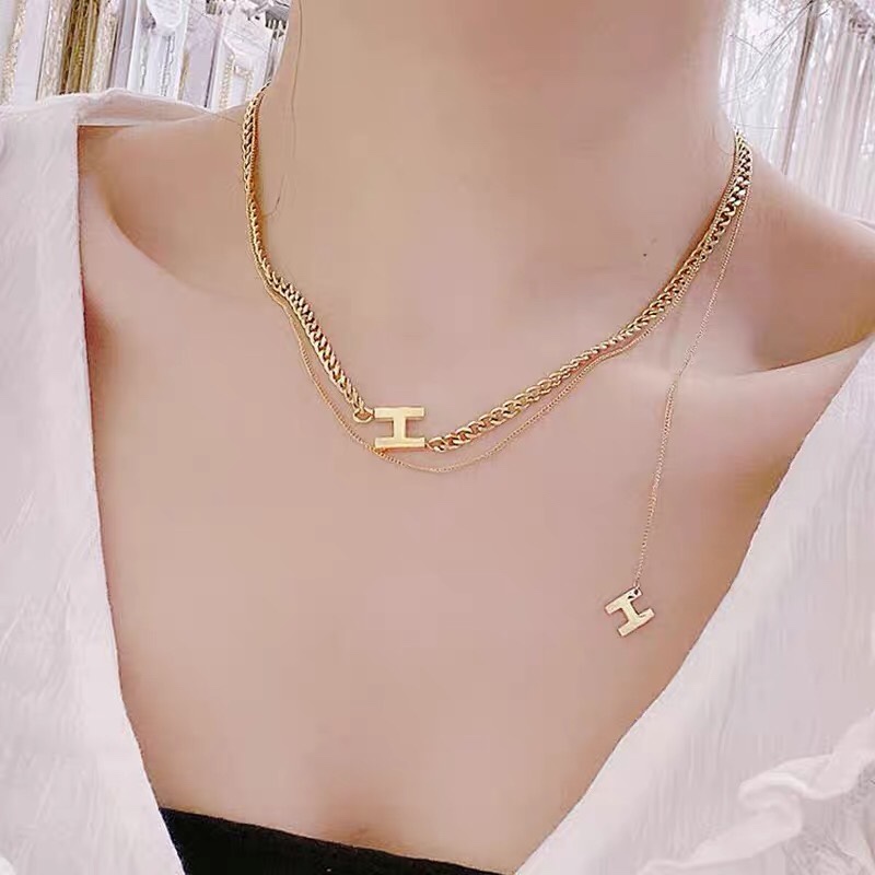 Korean female Internet celebrity's double-layered necklace, retro collarbone sweater chain, trendy and simple 3