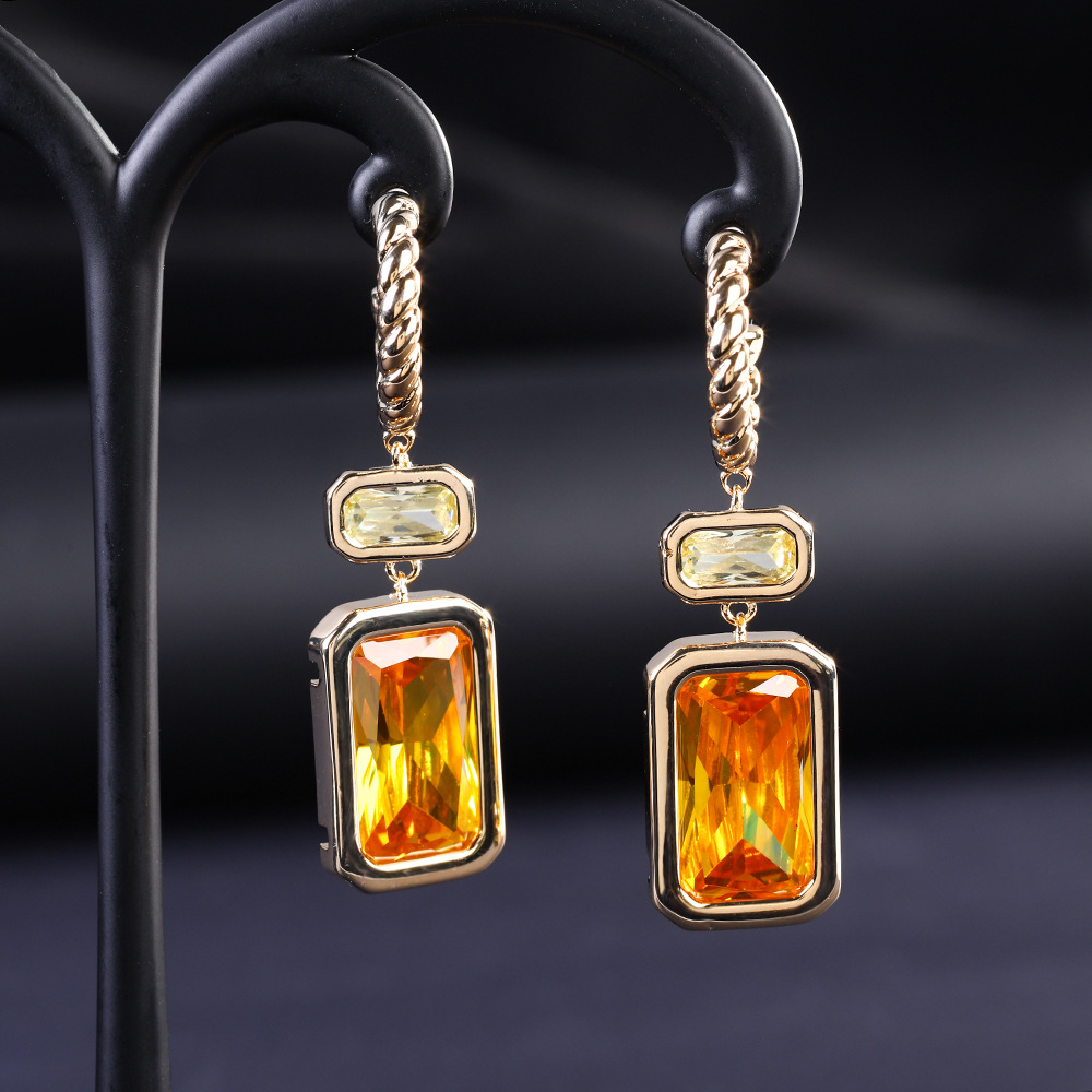 Earrings gold zircon geometric inlaid gemstone women's independent packaging S925 silver ear ring fringe