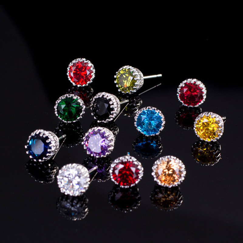 Korean version earrings crown colorful multicolor 8MM zircon inset environmental protection allergenic ear ornaments
