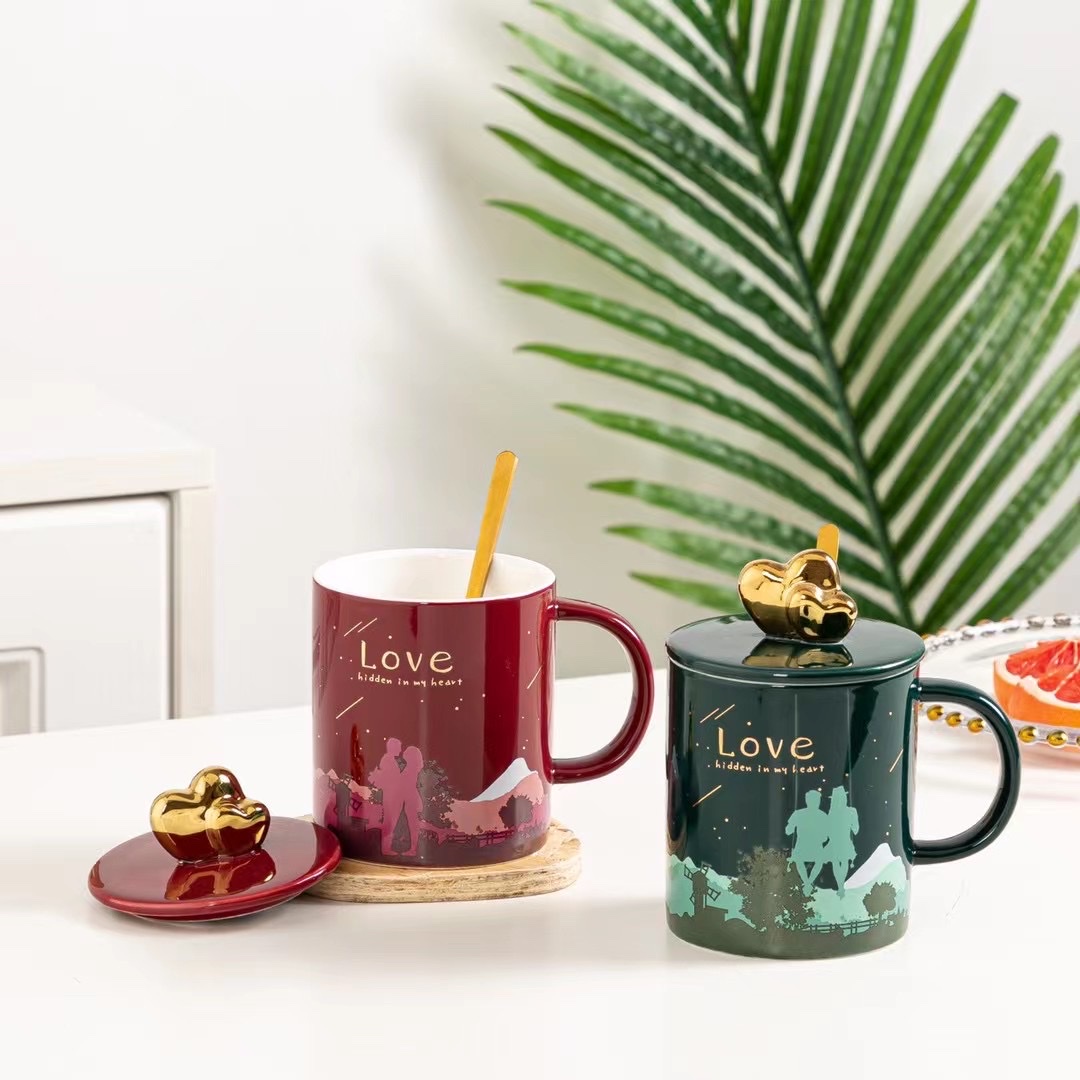 Valentine's Day pair cups, gift cups, the same style as the popular Douyin household couple cups, ceramic children's sets, household breakfast cups, coffee sets, water cups, ceramic three-dimensional relief cups detail image 2