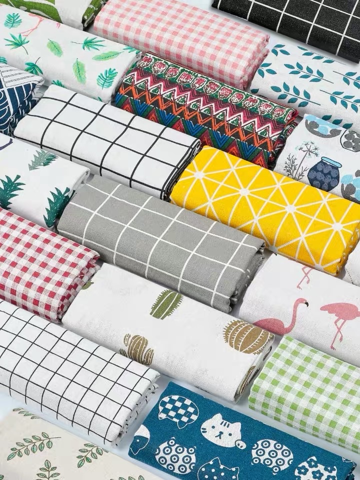 绿色条纹棉麻布料碎花格子北欧ins风窗帘沙发亚麻桌布印花diy产品图