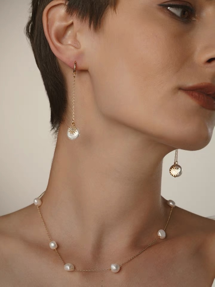 Earring hebilla cadena roundup perlas reales pendientes details Picture