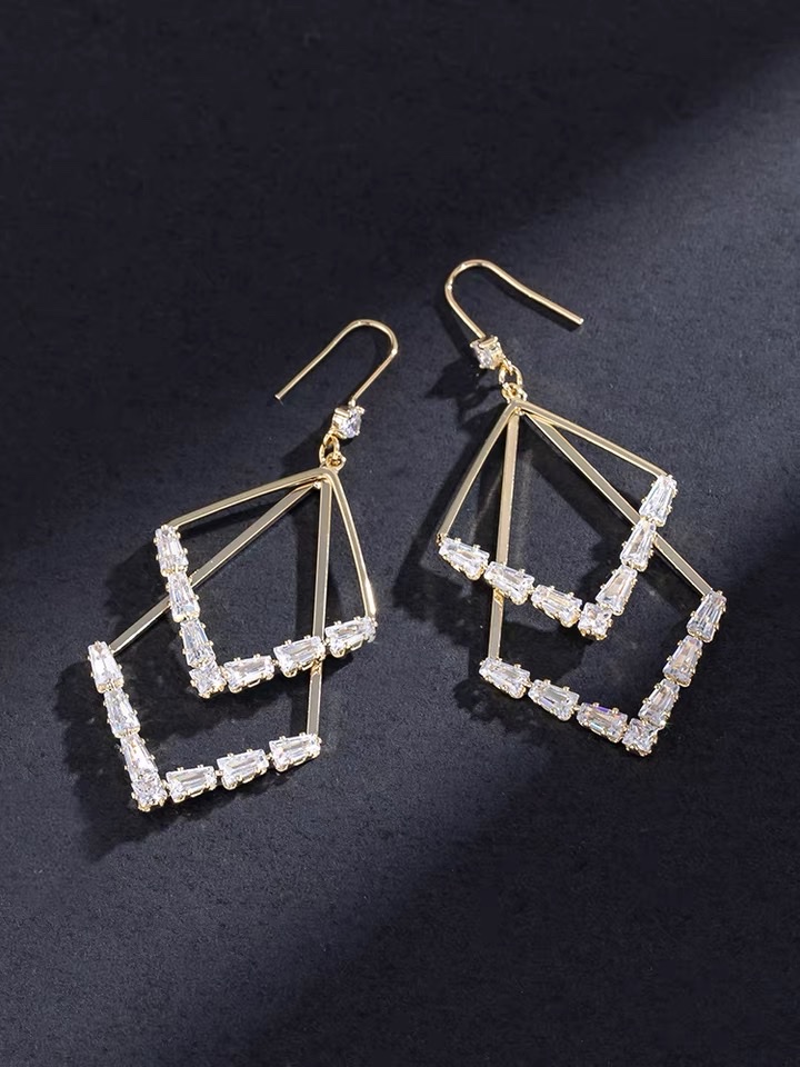 Square square T-shaped zirconium earrings with ear hooks details Picture