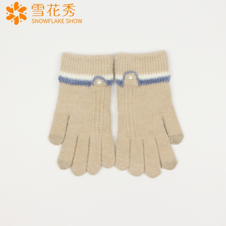雪花秀手套新款女士五指手套触屏针织条纹分指秋冬季保暖手套批发…