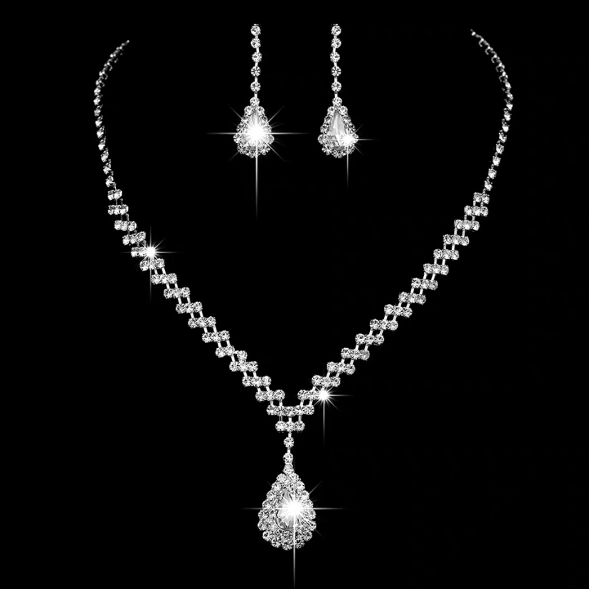 Necklace 342 Hot European and American rhinocaron zircon water drop necklace earrings set bride earrings silver copper jewelry