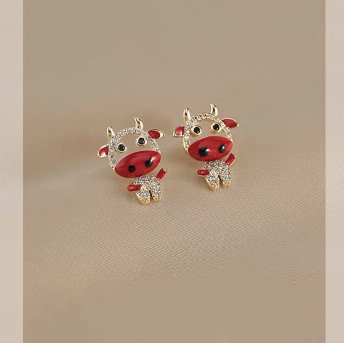 Zodiac animal Niu Niu Daji cute red small exquisite everything earrings
