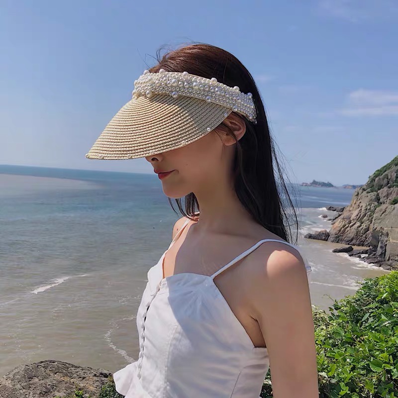 KK HAT 宽阔帽业遮阳帽女夏防晒防紫外线珍珠帽空顶发夹帽沙滩无顶草帽防晒太阳帽详情图3