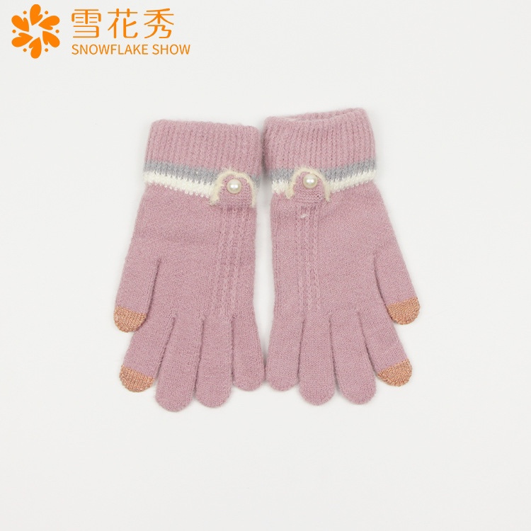 雪花秀手套新款女士五指手套触屏针织条纹分指秋冬季保暖手套批发.