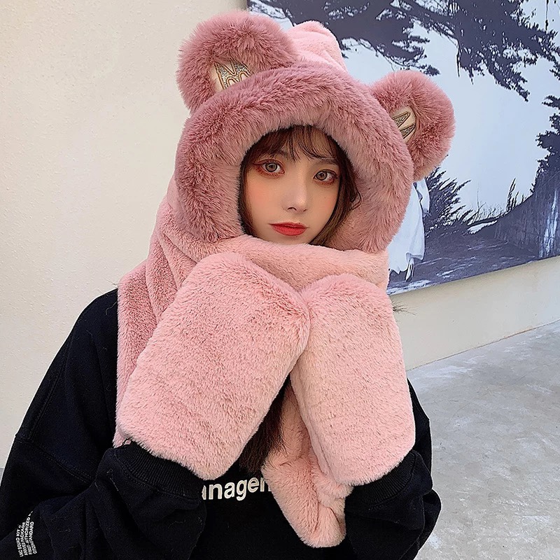 小熊帽子女新款2020网红秋冬百搭围巾围脖一体冬季保暖可爱毛绒帽
