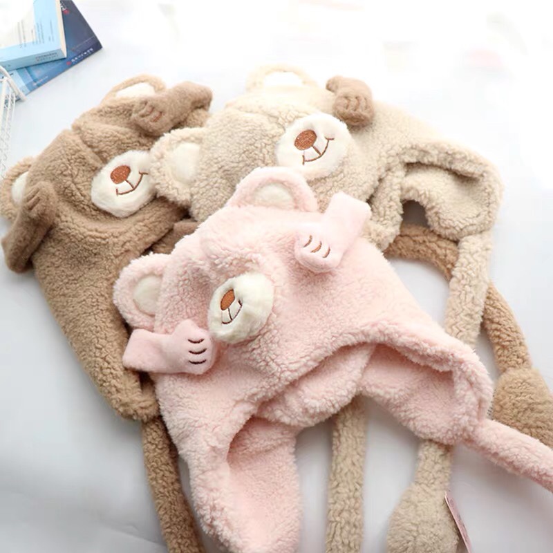 网红气囊耳朵会动卡通小熊羊羔毛保暖加厚儿童成人可带帽子