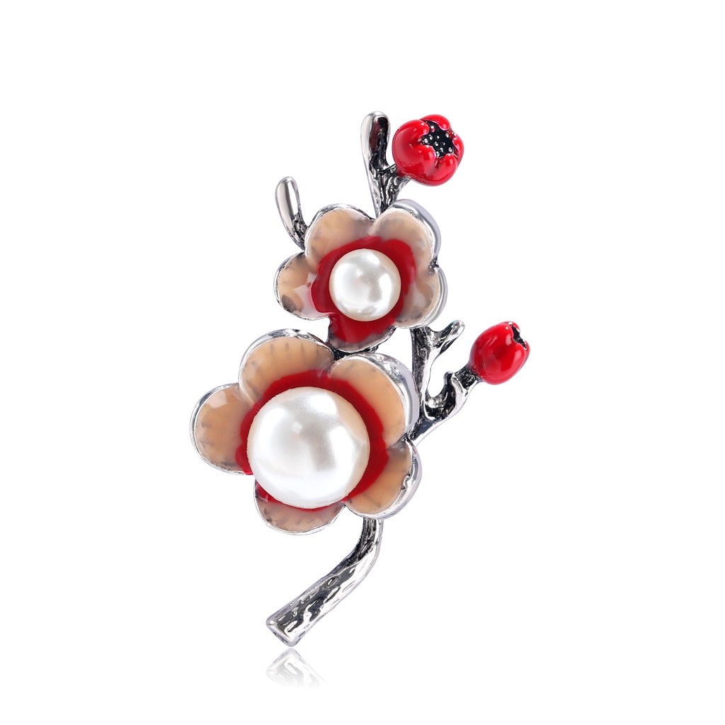 Drop Oil Vintage Plum Brooch Pearl Ladies Corsage Pin Dress accessory