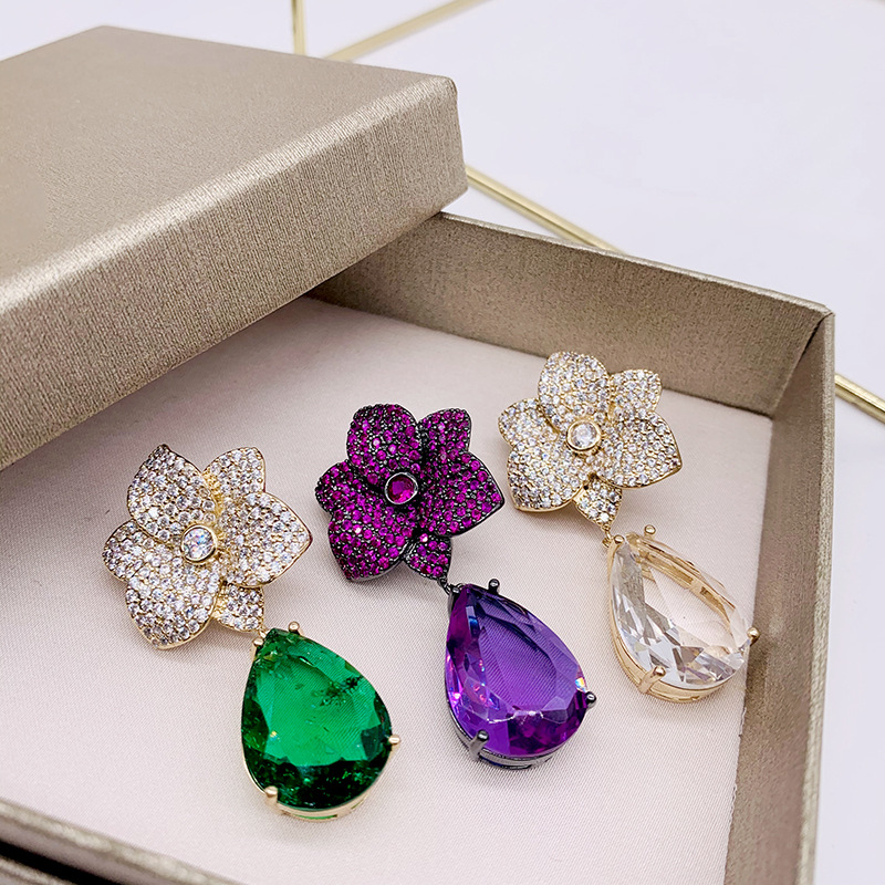 Temperament socialite colorful flowers big drop earrings Luxury Heavy industry banquet earrings Female silver needle earrings vintage senior