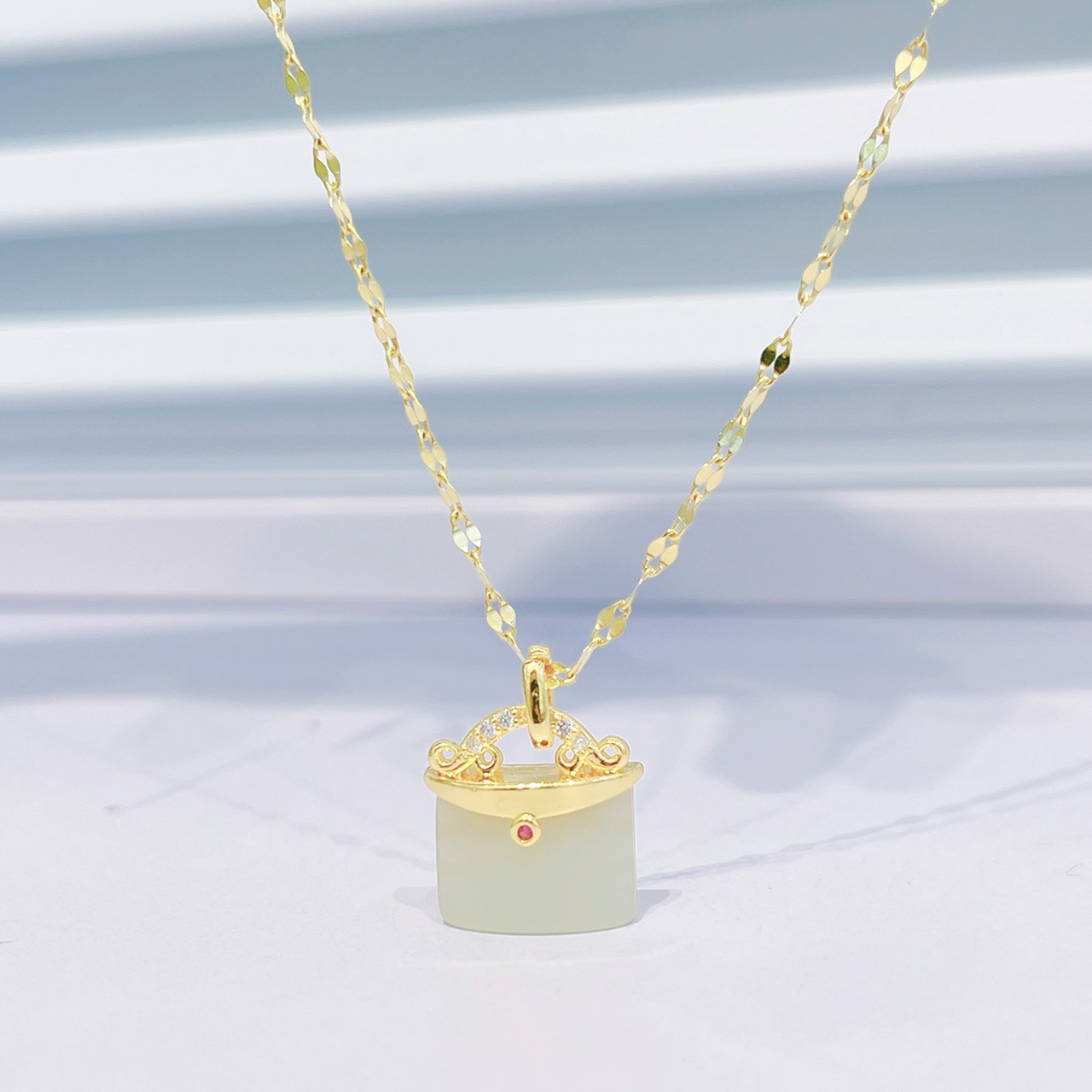 Chinese style safe buckle necklace female vintage temperament titanium steel clavicle chain gold inset jade pendant accessories