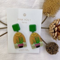 Korean ins retro temperament simple everything fun lovely colorful flowers resin acrylic earrings green flowers pink you