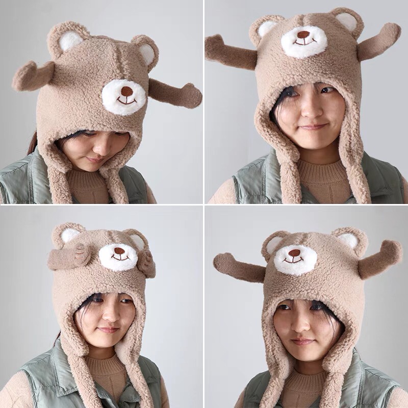 抖音网红气囊耳朵会动卡通小熊羊羔毛保暖加厚儿童成人可带帽子