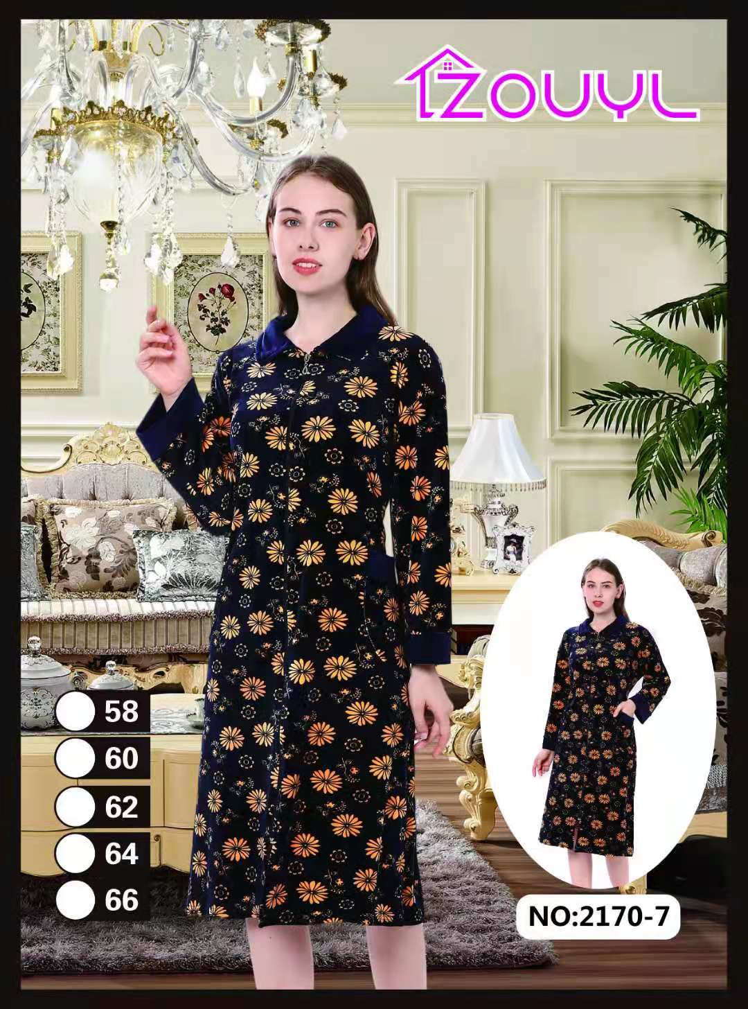 Zipper lapel 8-quarter sleeve long dress for women, large-sized home wear Item Picture