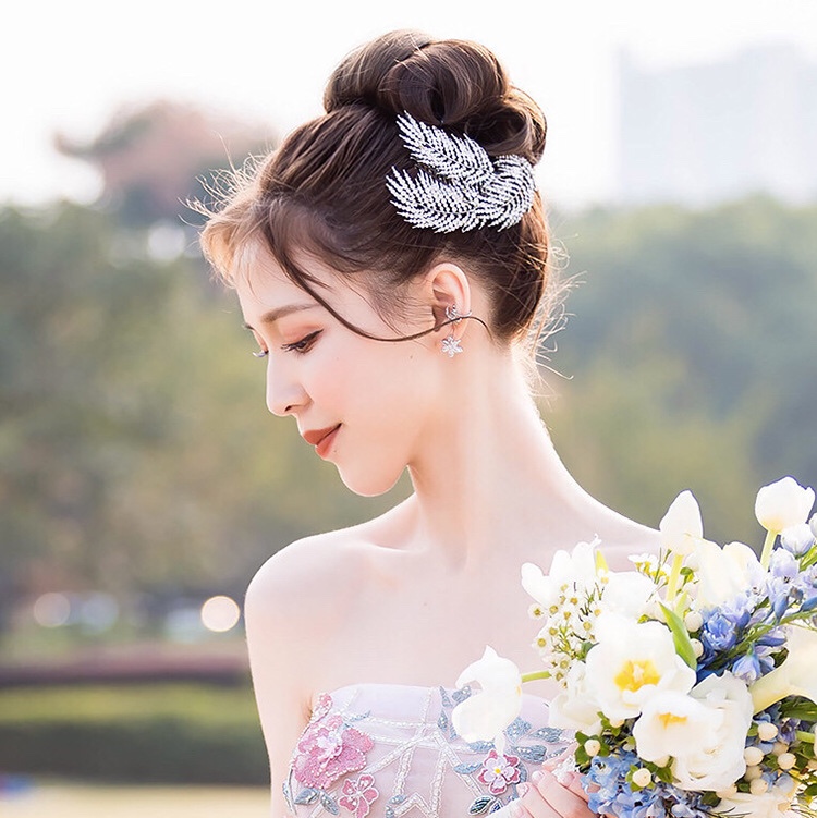跨境饰品 新娘韩式水钻银色树叶子头饰发梳结婚盘发饰礼服配饰