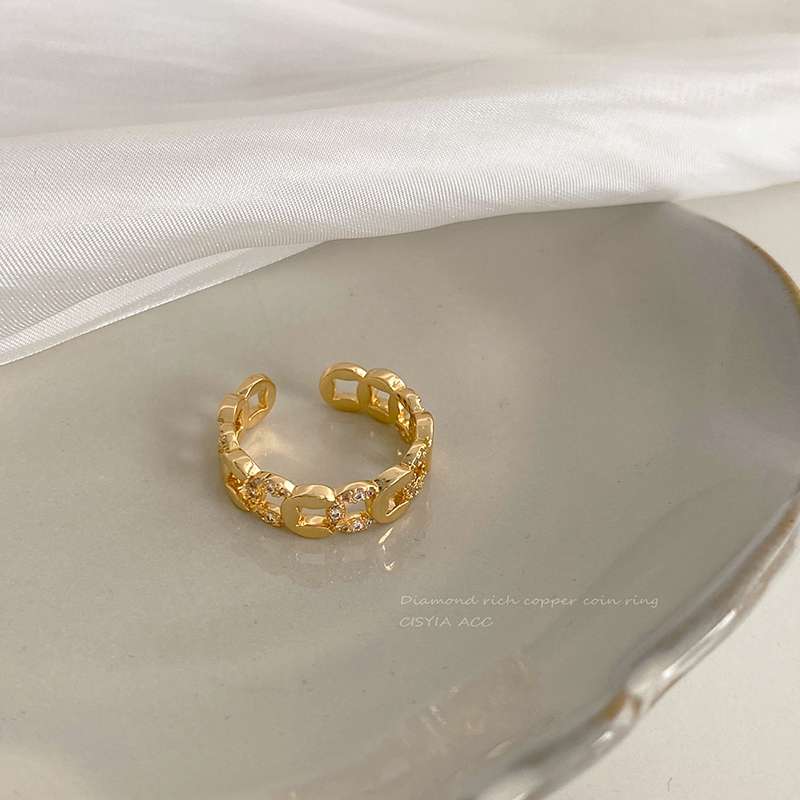 A micro-inlaid zircon copper coin with adjustable opening, a fashionable, individualistic, light luxury and exquisite index finger ring for women details Picture