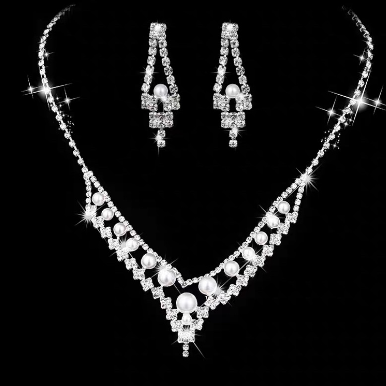 Necklace 370 Bride wedding V-neck wedding jewelry dinner party dress with accessories simple zircon necklace earrings two sets