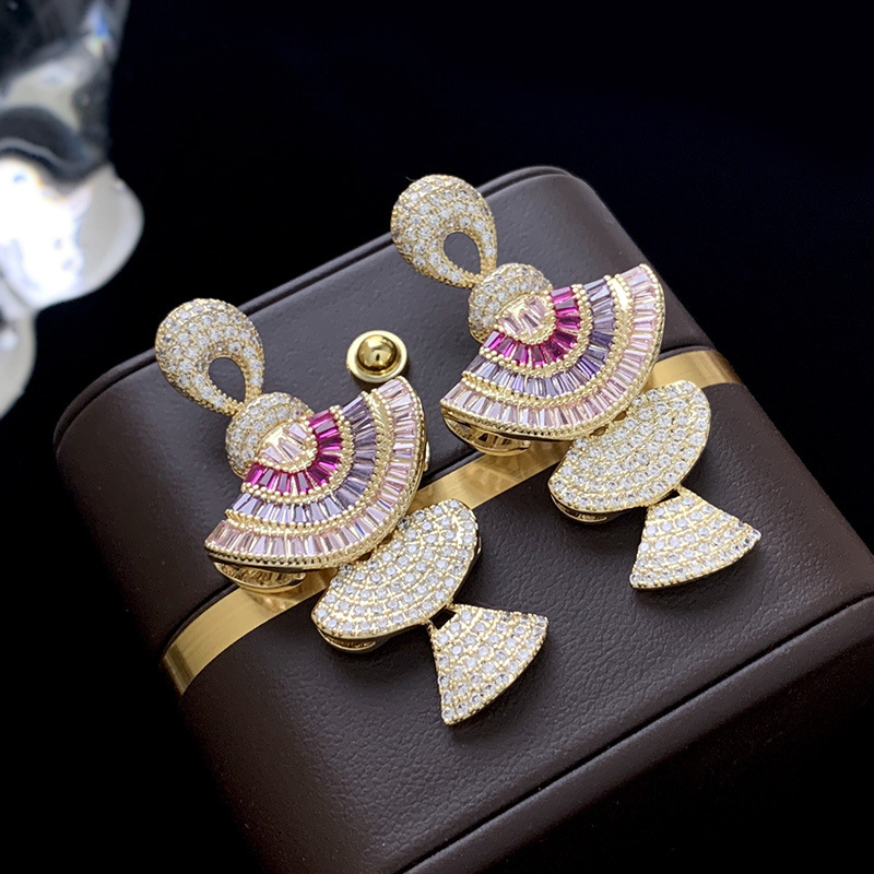Colorful fan-shaped dress earrings for women, exaggerated, fashionable and individual European and American style, luxurious copper inlaid zircon silver needle earrings
