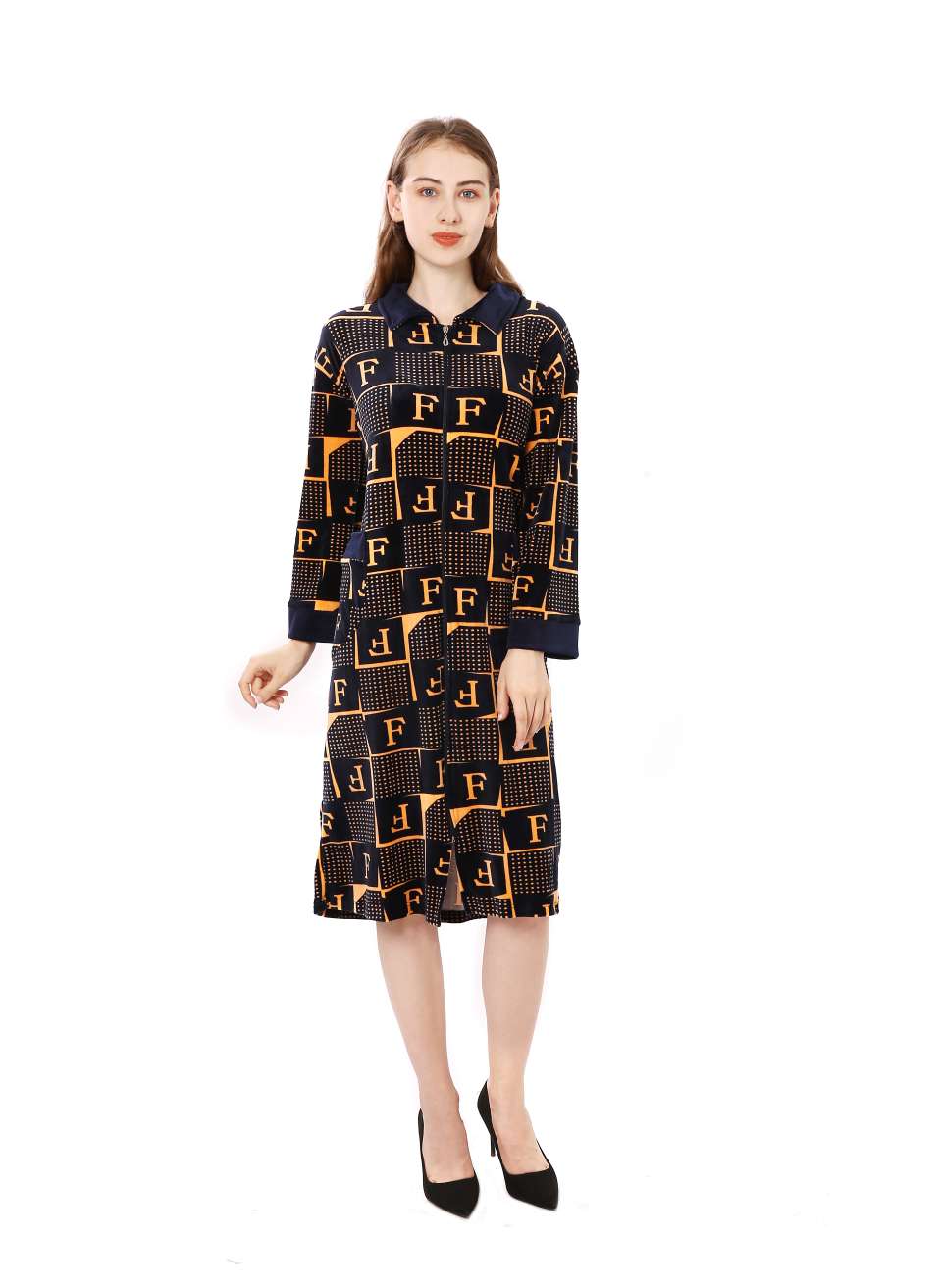 Zipper lapel 8-quarter sleeve long dress for women, large-sized home wear pic 1