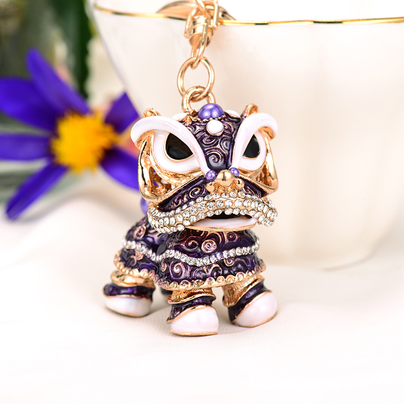 Water diamond lion dance metal accessories, creative Chinese style trendy keychain cartoon pendant Specification image
